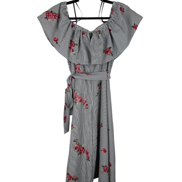 Calvin Klein Stripe and Rose Off The Shoulder Dress with Tie Waist - 2 - Picture 4 of 6